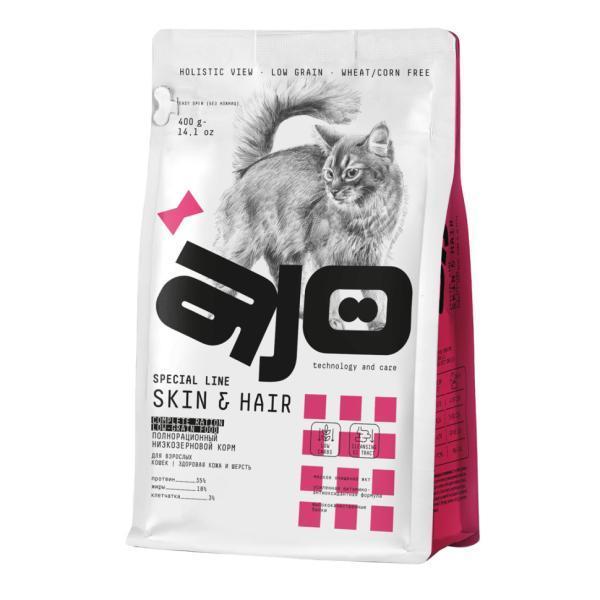 AJO Cat Skin&amp;Hair Сухой корм для длинношерстных кошек, для кожи и шерсти, Лосось и Индейка